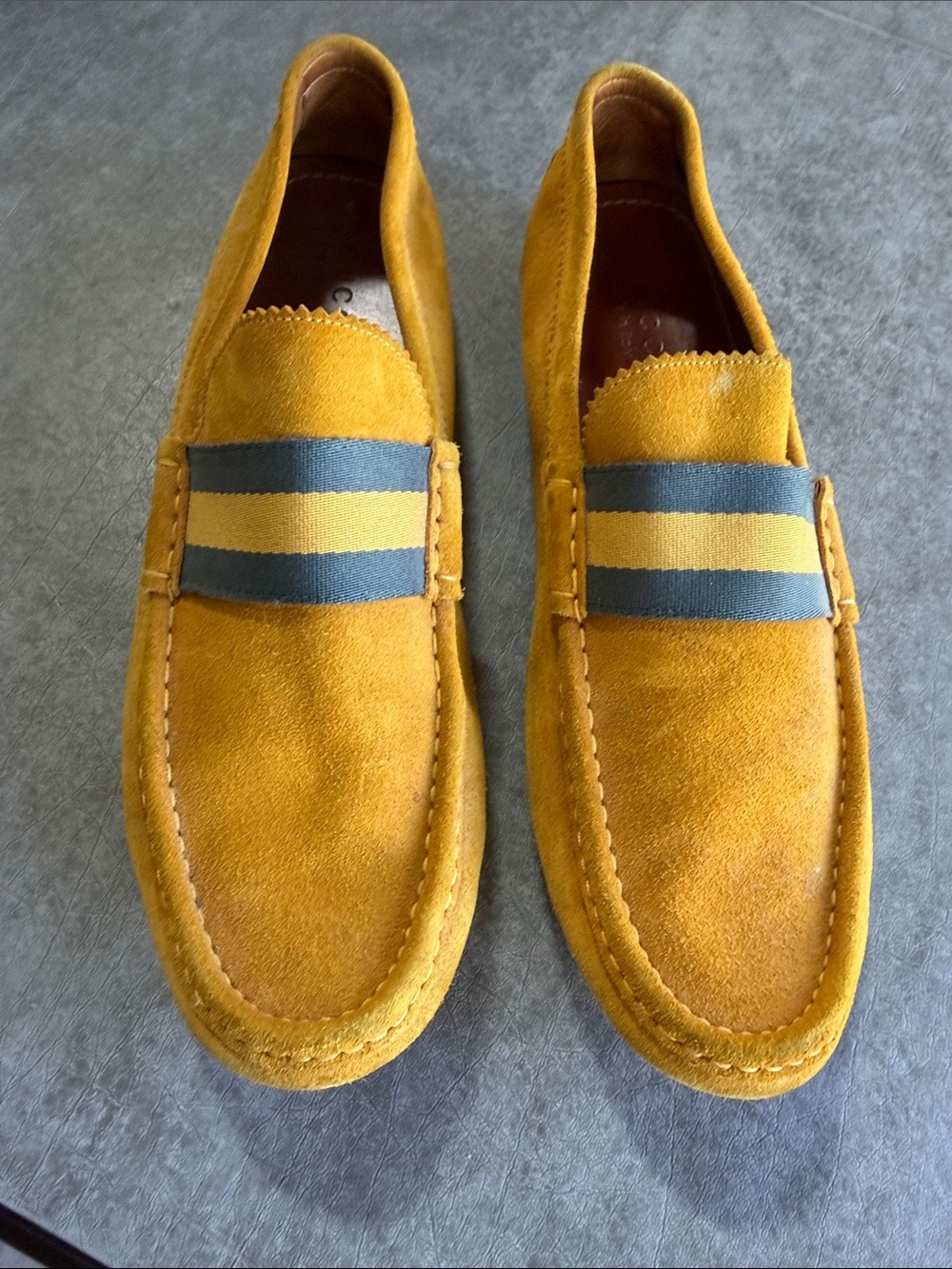 Men's Gucci Suede Loafers in Mustard with Striped Band